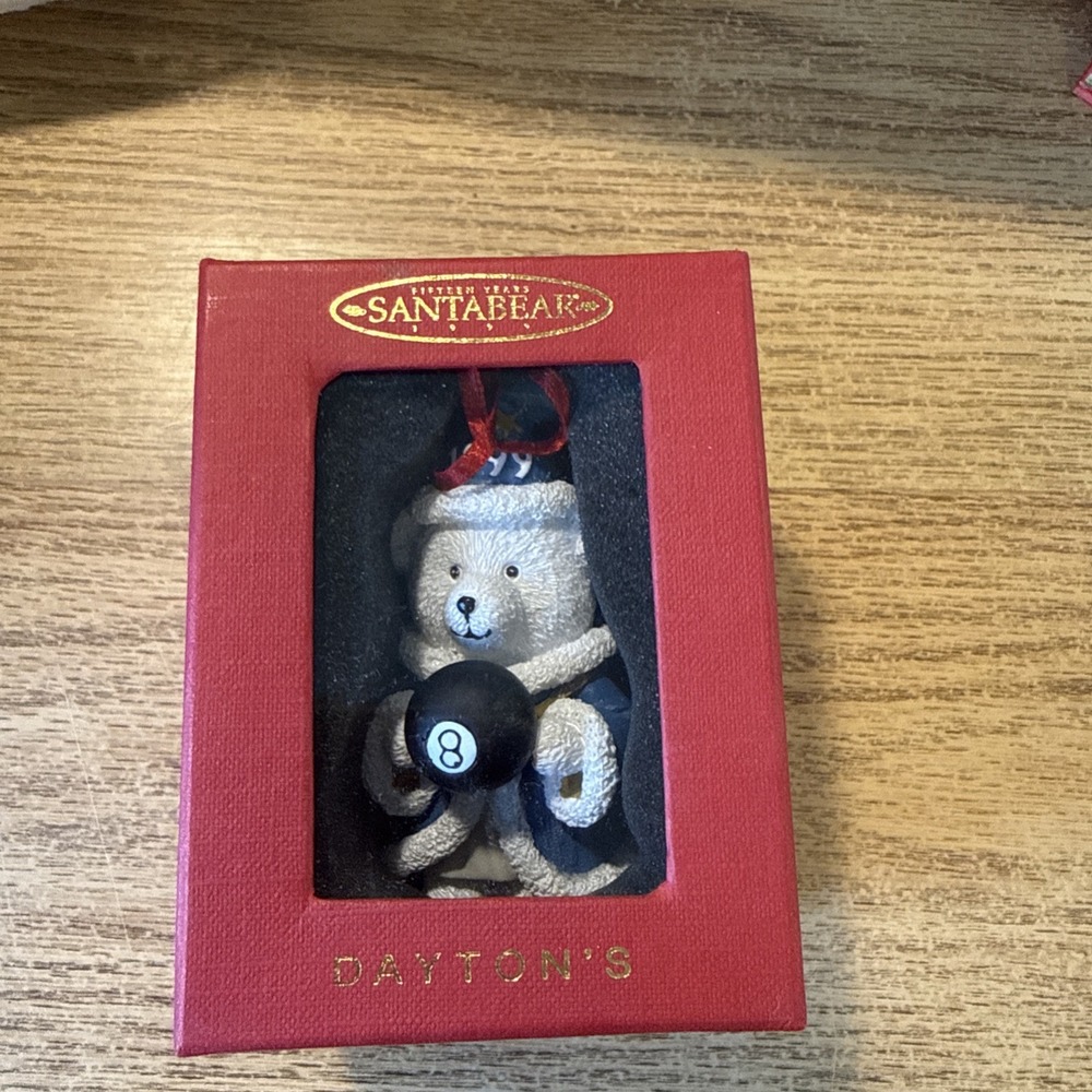 Christmas Ornament: Marshall Fields 1999 White Resin Bear w/8 Ball In Box